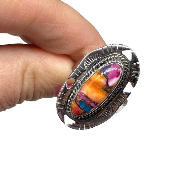 Kingman Pink Dahlia Turquoise Spiny Oyster Ring Adjustable 925 Sterling Silver - Picture 5 of 8